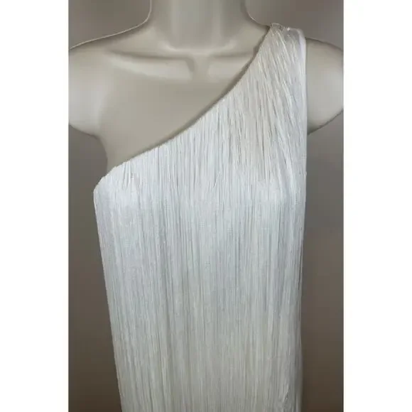 NO PISE LA GRAMA Cascada One Shoulder Fringe Satin White Mini Dress Sz 0 - Picture 6 of 11
